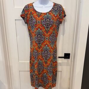 Nina Leonard Orange and Purple Paisley Mini Dress